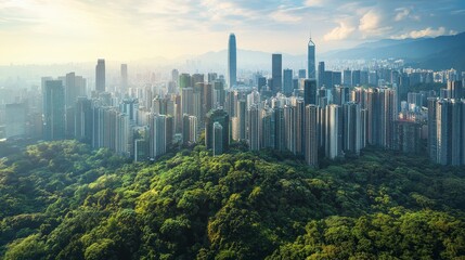 Obraz premium Lush Green Urban Forest Skyline Modern Cityscape with Abundant Greenery