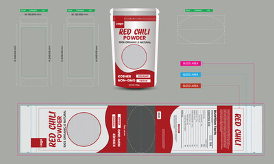 Red chili packet Design, chili powder, Packaging design for red chili, Unique design, vector illustration with mockup