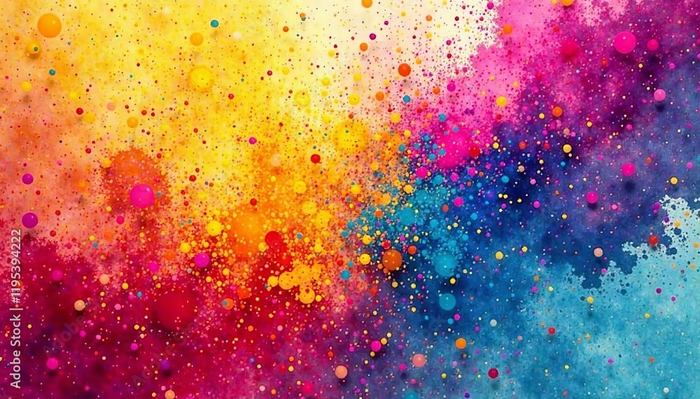 Poster a vibrant explosion of colors with splashes and dots forming an artistic abstract pattern.