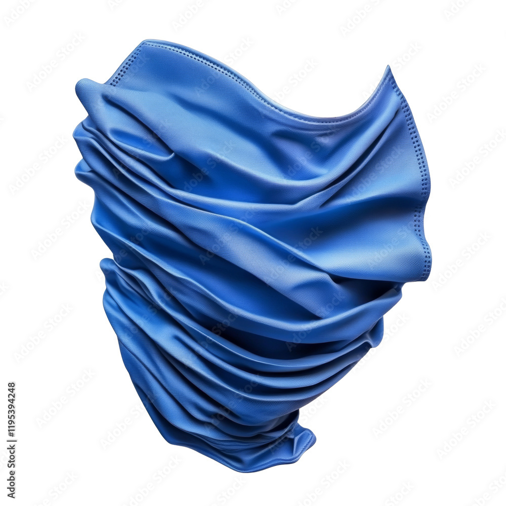 Poster a digitally rendered image showcases a piece of blue fabric dramatically draped and swirling against