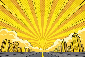 Fototapeta premium A Vibrant Sunburst Comic Book Style Cityscape Background Featuring a Road Leading to the Horizon