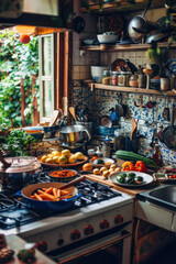 A cluttered yet cozy kitchen filled with fresh produce, spices, and kitchenware, showcasing a vibrant cooking atmosphere