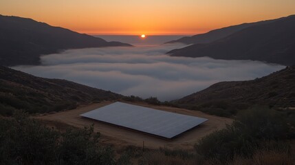 Majestic Sunset Over Foggy Valley with Ground Mounted Solar Panels