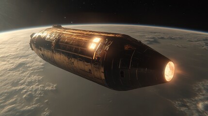 Futuristic Spacecraft Orbiting Earth Golden Capsule in Low Earth Orbit Glowing Engine
