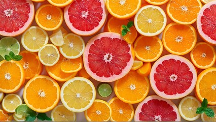 many citrus fruits, such as grapefruit, lemons, and oranges, cut in half fruit background