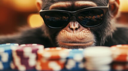 A cool chimpanzee in sunglasses leans in for a close-up shot over a poker table.  A fun, quirky image.