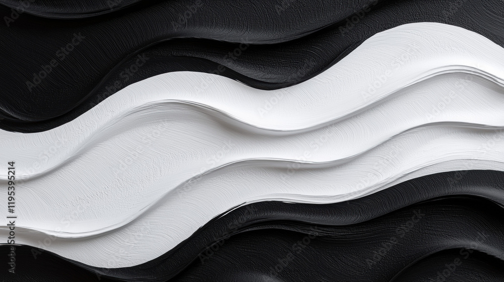 Poster Textured black and white abstract painting with flowing waves and curves