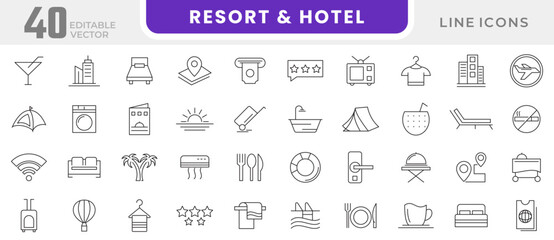Resort Hotel line icon set. passport, suitcase, airplane, hotel, map, globe, compass, backpack, hotel building, room key, check-in counter, reception line icon set. Ui thin line icon pack.