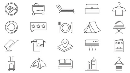 Resort Hotel line icon set. passport, suitcase, airplane, hotel, map, globe, compass, backpack, hotel building, room key, check-in counter, reception line icon set. Ui thin line icon pack.