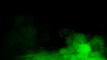 Abstract green misty fog on isolated black background. Smoke stage studio. Texture overlays. The concept of aromatherapy.