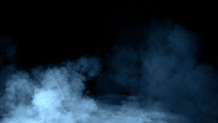 Abstract blue misty fog on isolated black background. Smoke stage studio. Texture overlays. The concept of aromatherapy.