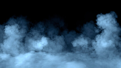 Abstract blue misty fog on isolated black background. Smoke stage studio. Texture overlays. The concept of aromatherapy.
