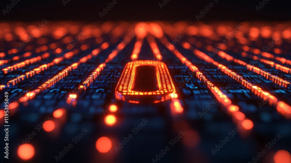 Poster futuristic abstract digital circuit board with glowing orange data stream and central processing