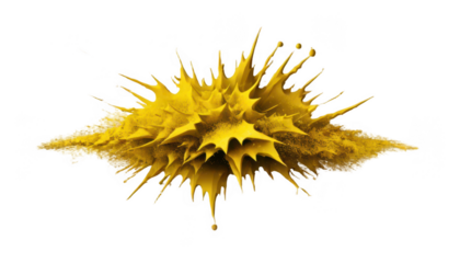 Bright yellow Holi color explosion with a jagged, lightning-like pattern and scattered granular particles in all directions, on a transparent background PNG