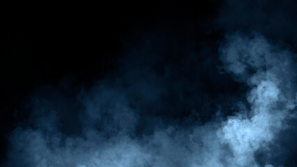 Abstract blue misty fog on isolated black background. Smoke stage studio. Texture overlays. The concept of aromatherapy.