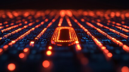 Futuristic Abstract Digital Circuit Board with Glowing Orange Data Stream and Central Processing