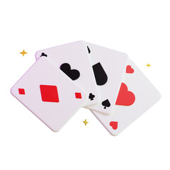 3d Four playing cards displaying diamond, heart, spade, and club symbols. Suitable for gambling, casino, card games, and luck concepts.