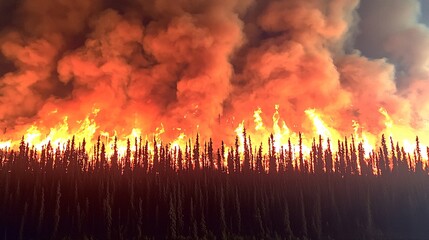 aerial view of a forest fire spreading quickly across a vast area, with large flames and smoke plumes visible. [Wildfire]:[ Disaster] 