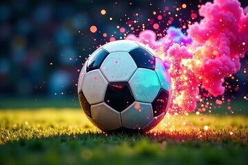 Fototapeta premium A vibrant soccer ball with colorful smoke effects on a green field.