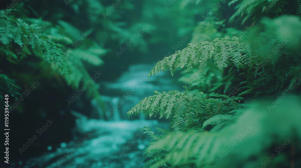 Poster Lush green ferns frame serene stream in tranquil forest setting