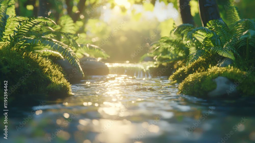 Poster serene stream flows through lush greenery, surrounded by ferns and moss. sunlight creates tranquil a