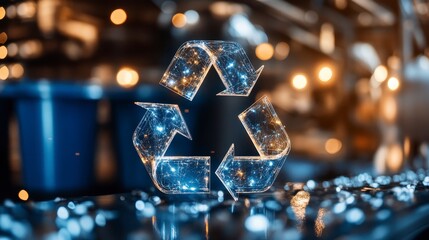Glowing Networked Recycle Symbol in Industrial Setting Sustainability Concept