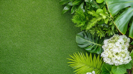 Lush green foliage with various plants and flowers on artificial grass