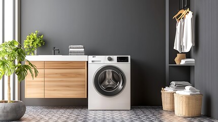 Sleek and Efficient Laundry Room with Dual Tone Cabinetry and Patterned Accents  Modern and minimalist design with practical storage solutions and coordinating home appliances