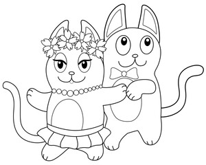 A pair of cute dancing cats - vector linear picture for coloring. Funny cat and his girlfriend are dancing. On the cat there are beads, a skirt and a wreath, on the cat a bow tie is put on. March cats