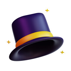 3d Purple magic hat with yellow band adorned with yellow stars on a dark background, perfect for childrens accessories and fashion concepts.