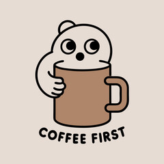 Sticker design of A sleepy-eyed character holding a giant mug with steam rising and the phrase 