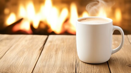 Cozy Hot Coffee Cup on Wooden Table with Warm Fireplace Background