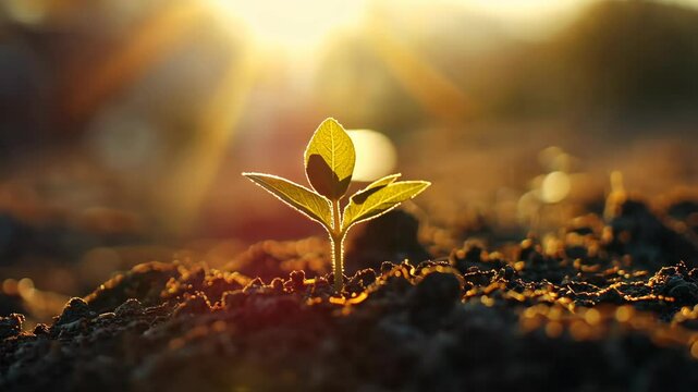 New plant sprouts from rich soil during golden hour in a serene outdoor setting