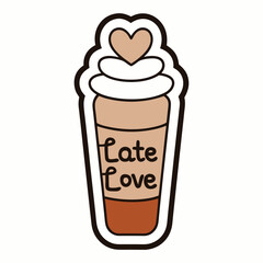 Sticker design of A frothy latte in a tall glass with a heart-shaped latte art on top. Surround it with the words 