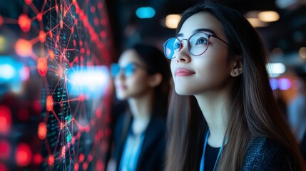 Fototapeta premium Young Asian Woman in Glasses Observing Futuristic Digital Network Interface