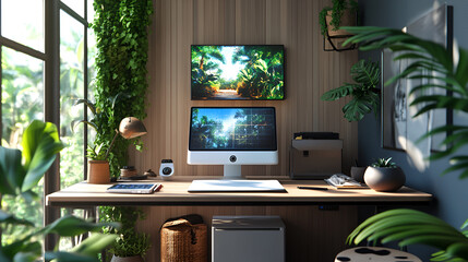 A nomadic workspace setup featuring a compact hologram