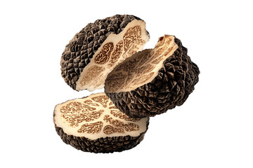 Fresh black Himalayan truffles isolated on white transparent background, great for culinary and gourmet themes.