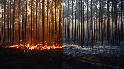Obraz premium and after comparison of a forest, showing the impact of a fire [Wildfire]:[ Disaster] 