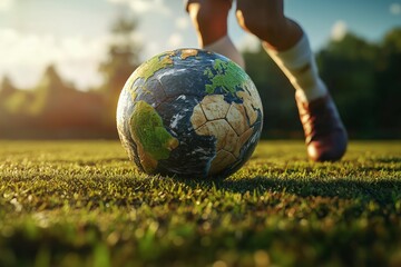 Dynamic Football Player Kicks Planet Earth Soccer Ball With Vibrant Details Under Soft Spotlight on Lush Grassy Field During Sunset