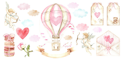 Watercolor drawing of balloon and angels, envelopes and almond cookies. Illustration is drawn by human hand, suitable for decoration of textiles, albums, invitations.