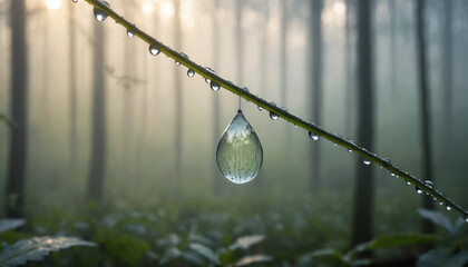 Dew drop on a pine needle in the morning