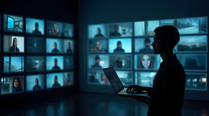 Obraz premium A man in silhouette using a laptop to narrow down images of people on multiple screens, symbolizing the concept of video surveillance and advanced artificial intelligence technology for case managemen