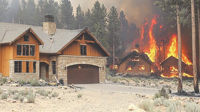 community affected by a forest fire, with damaged homes and buildings [Wildfire]:[ Disaster] 