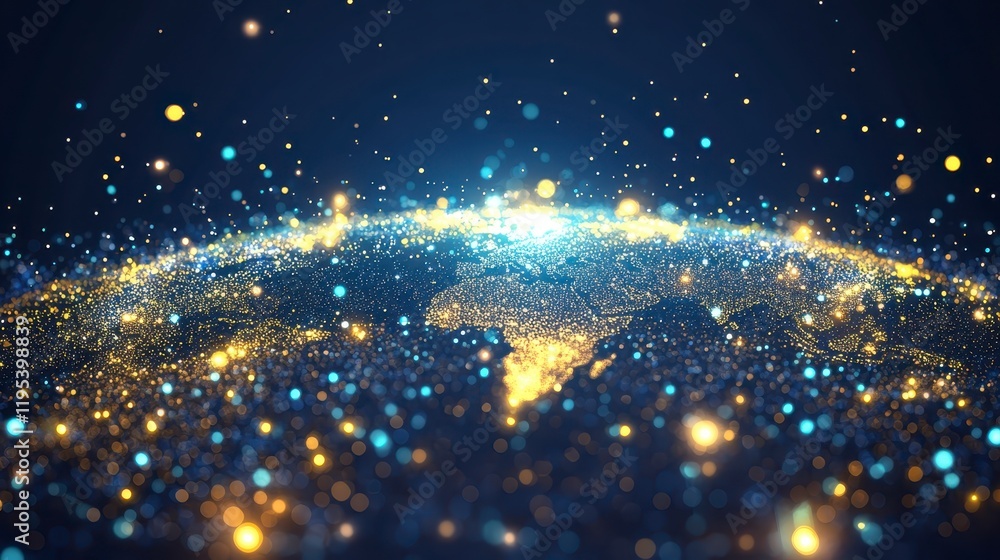 Poster global network connection illuminated earth with sparkling lights and data flow