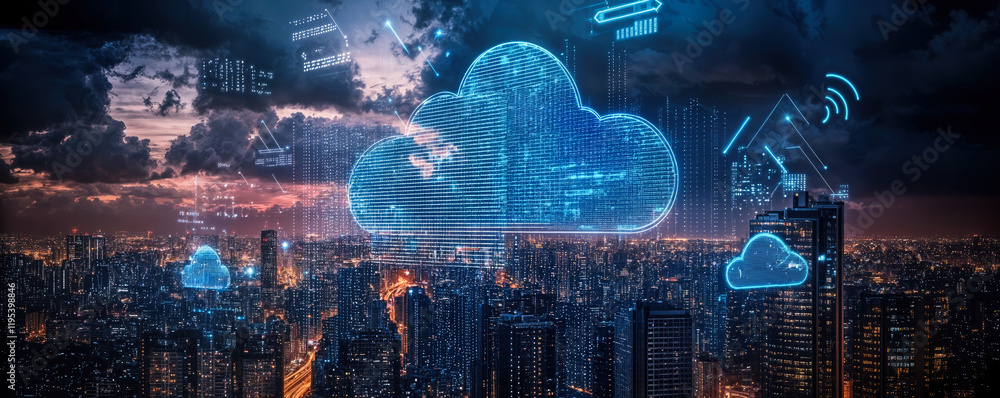Poster smart city with cloud computing and saas integration for data storage and networking