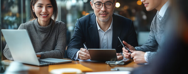 Fototapeta premium Collaborative Asian Team Brainstorming with Laptops and Tablets in Modern Office