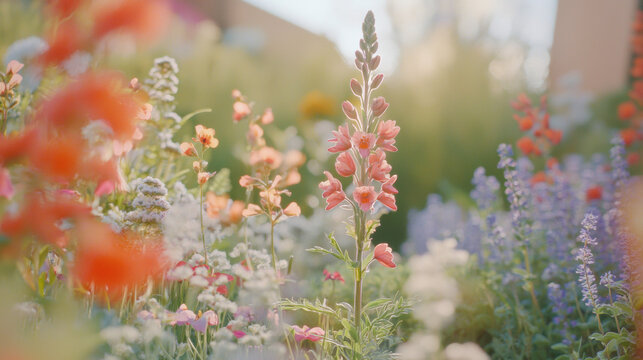 vibrant garden filled with colorful flowers, showcasing pink snapdragons and various blooms. scene evokes sense of tranquility and beauty