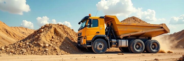 A yellow dump truck unloading sand on a construction site under a bright blue sky.
