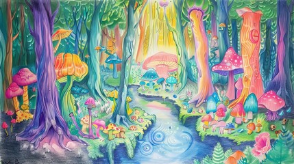 A vibrant, whimsical forest scene with colorful mushrooms and a serene stream.