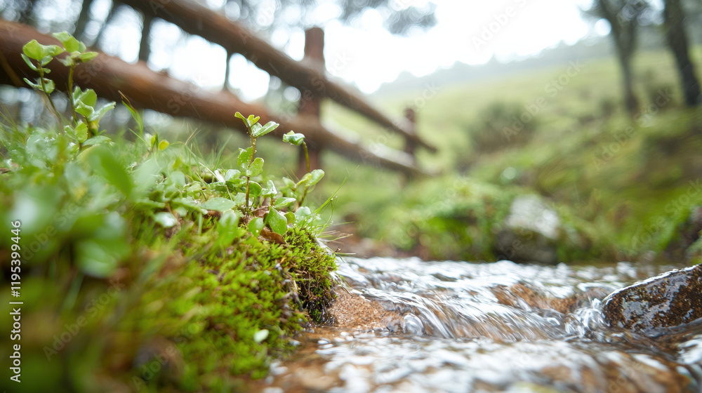 Poster serene stream flows through lush greenery, surrounded by moss and plants, with rustic wooden fence i